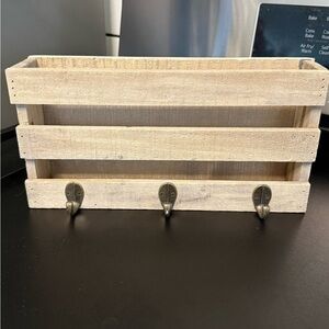 Rustic Wooden Wall Organizer with Hooks. Keys and Mail.